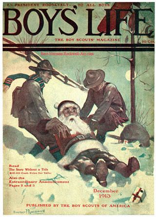 1913-12-Boys-Life-Norman-Rockwell-cover-Santa-and-Scouts-in-Snow-400