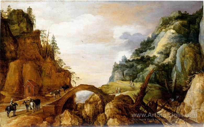 A-mountainous-landscape-with-horsemen-and-travellers-crossing-a-bridge-013