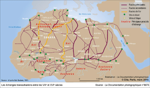 Caravanes-en-Afrique-carte-du-commerce-caravanier-transsaharien-en-Afrique-du-8e-siecle-au-16-e-siecle-esclave-kola-cuivre-sel-chevaux-suc